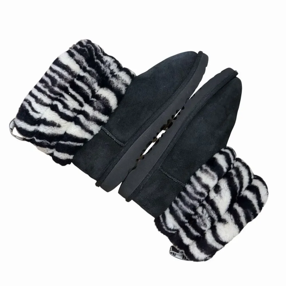 UGG Big Kids Sz 2 Fluff Mini Quilted Zebra Black White Suede Fur Boots